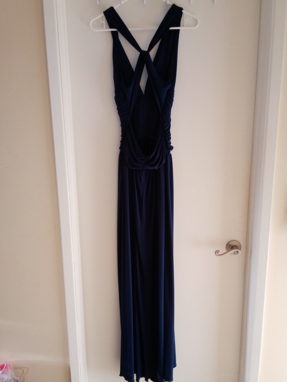 Dark Navy Blue Ruched Cross-Back Maxi Dress - Picture 3 of 7